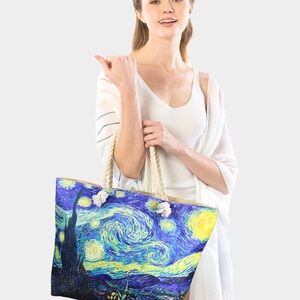 Vibrant Blue and Yellow Tote Bag with Artistic Design